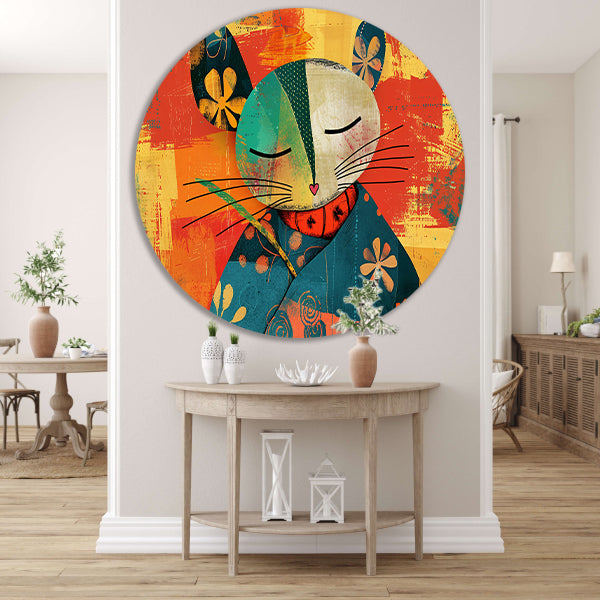 Vrolijke abstracte kat met kleurrijke bloemen aluminium muurcirkel