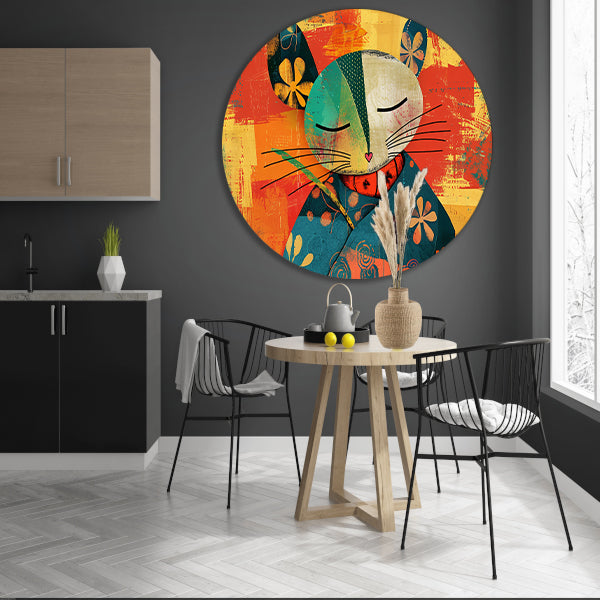 Vrolijke abstracte kat met kleurrijke bloemen forex muurcirkel