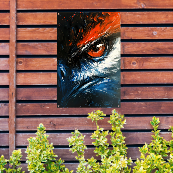 Abstract schilderij van vogel met intens oog tuinposter