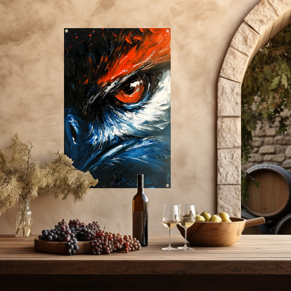 Abstract schilderij van vogel met intens oog tuinposter