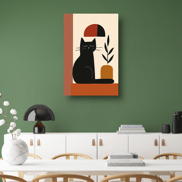 Minimalistische Zwarte Kat met Plant canvas
