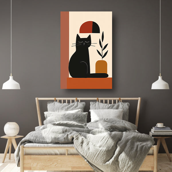 Minimalistische Zwarte Kat met Plant canvas