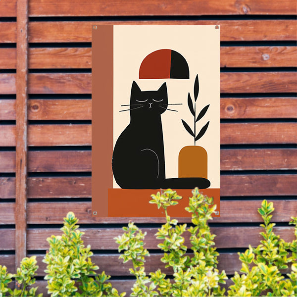 Minimalistische Zwarte Kat met Plant tuinposter
