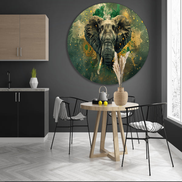 Realistisch olifantportret in dynamische kleuren aluminium muurcirkel