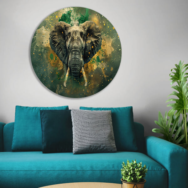 Realistisch olifantportret in dynamische kleuren aluminium muurcirkel