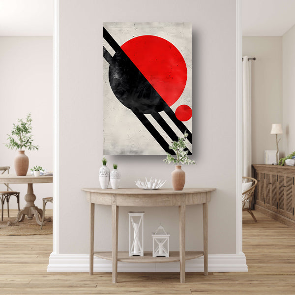 Abstract schilderij met rode cirkel en zwarte lijnen. acrylglas
