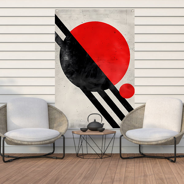 Abstract schilderij met rode cirkel en zwarte lijnen. tuinposter