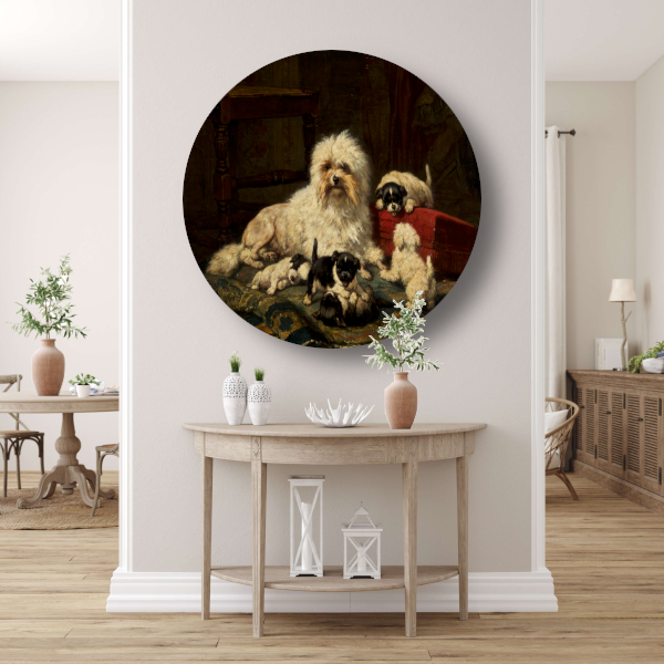 Hond met vijf puppies - Henriëtte Ronner-Knip aluminium muurcirkel