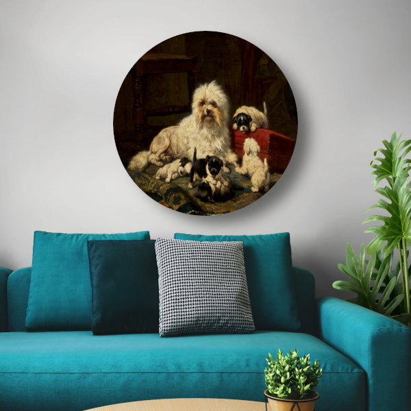 Hond met vijf puppies - Henriëtte Ronner-Knip aluminium muurcirkel