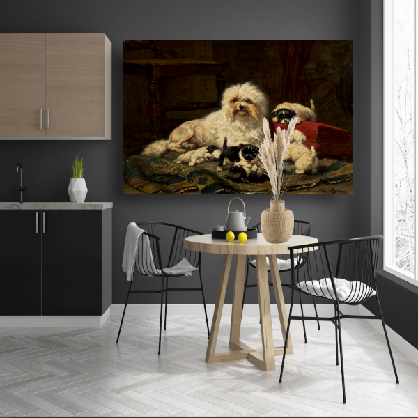 Hond met vijf puppies - Henriëtte Ronner-Knip canvas met baklijst