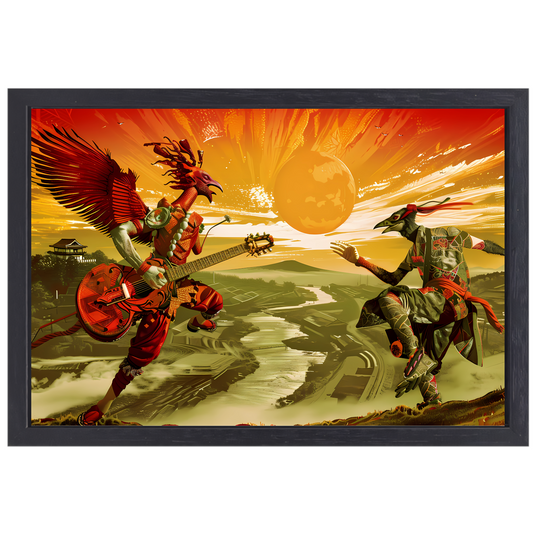 Surrealistische vogel met gitaar canvas met baklijst