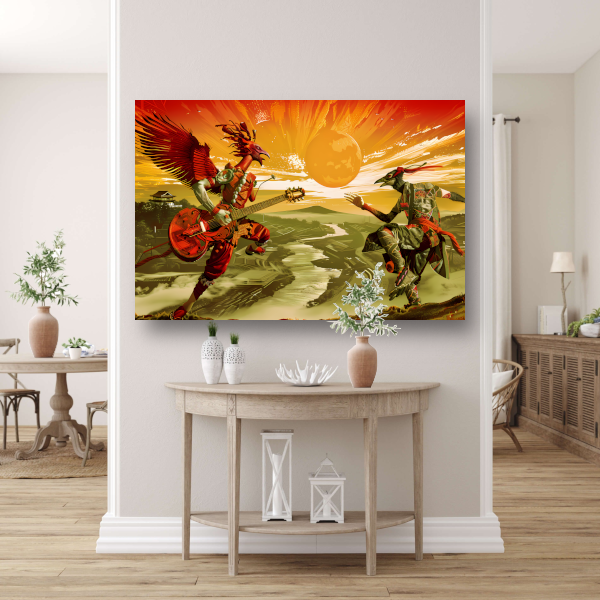 Surrealistische vogel met gitaar canvas met baklijst