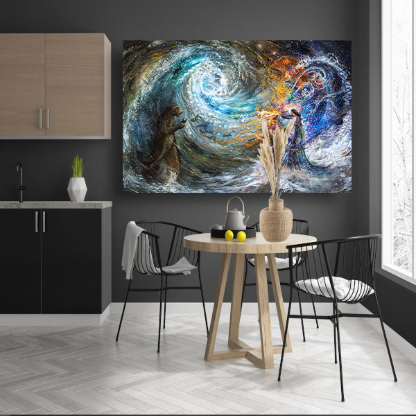 Vrouw met beer in droomlandschap acrylglas