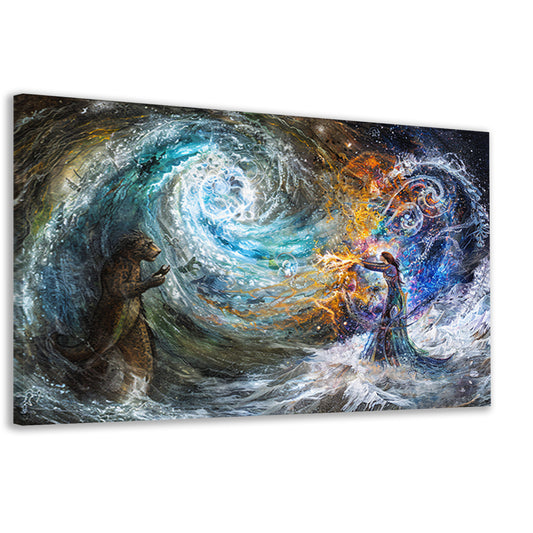 Vrouw met beer in droomlandschap canvas