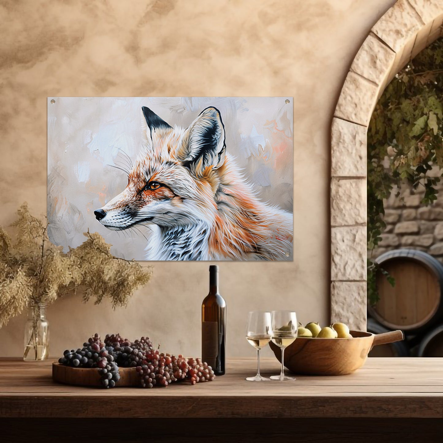 Gedetailleerd realistisch schilderij van een vos tuinposter