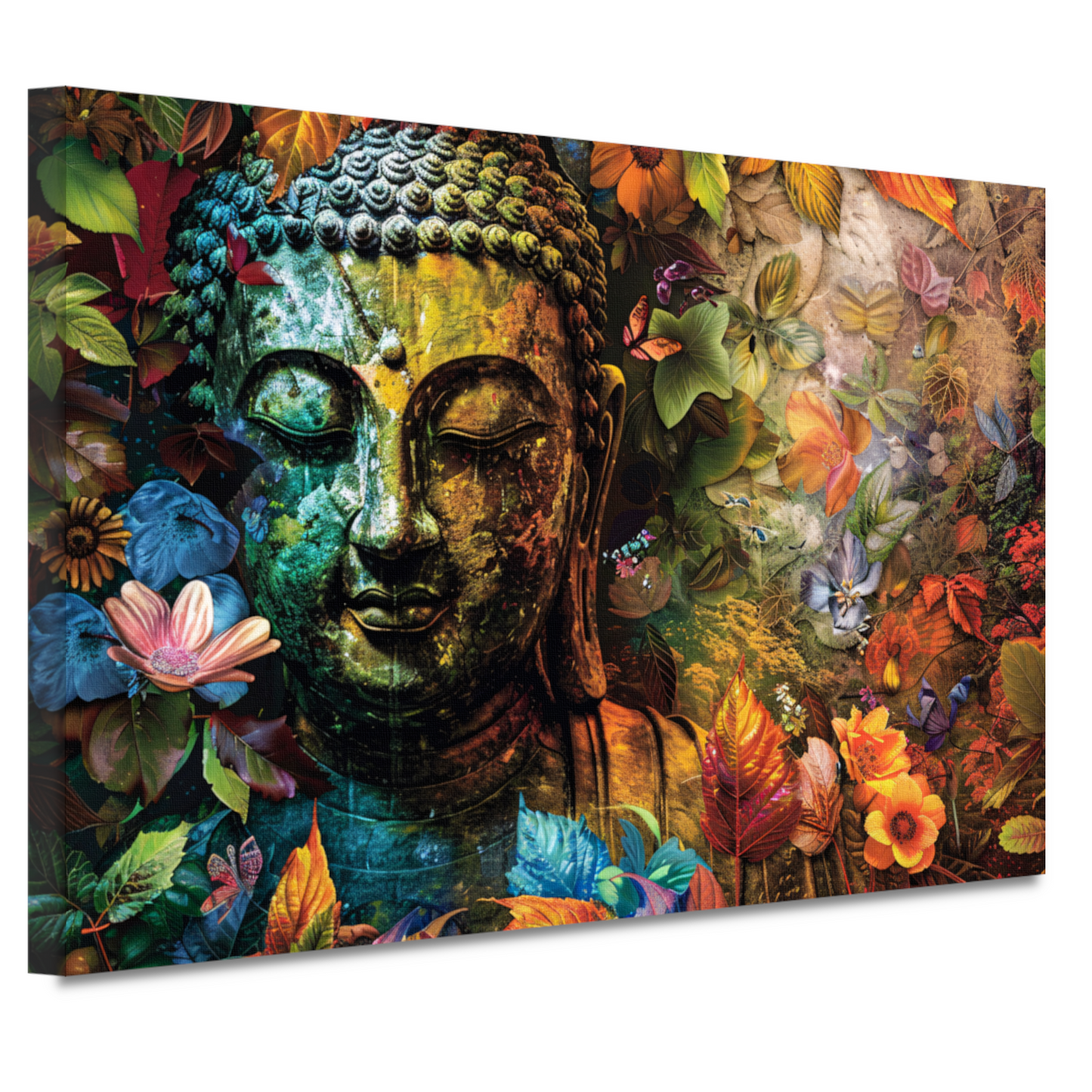 Boeddha omringd door herfstbladeren canvas