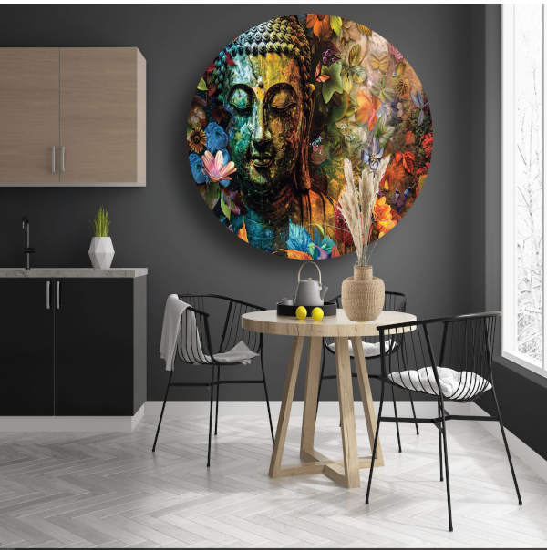 Boeddha omringd door herfstbladeren aluminium muurcirkel