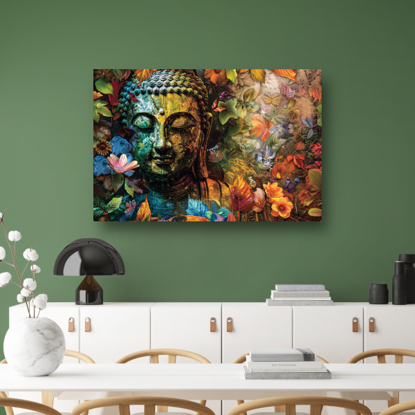 Boeddha omringd door herfstbladeren canvas