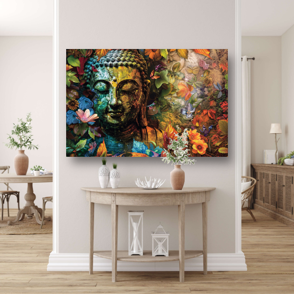 Boeddha omringd door herfstbladeren canvas