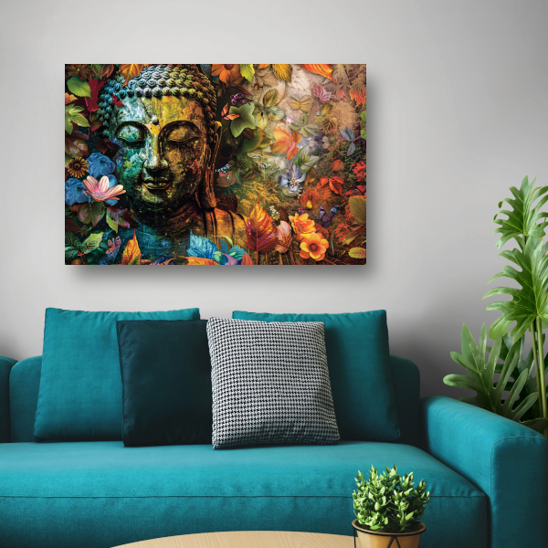 Boeddha omringd door herfstbladeren canvas
