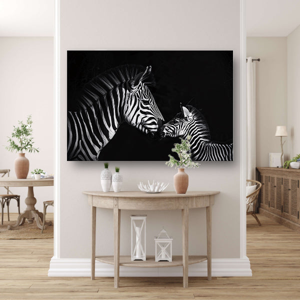 Zebra en jong in zwart-wit foto poster