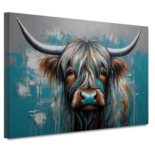 Abstracte Turquoise Schotse Hooglander in Olieverf canvas