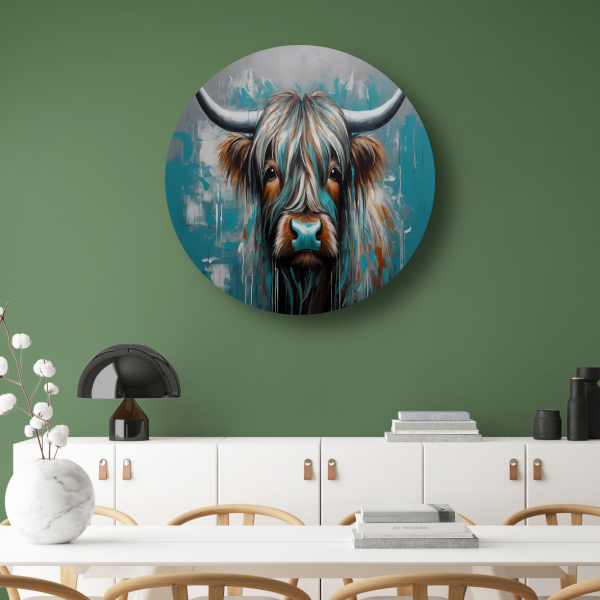 Abstracte Turquoise Schotse Hooglander in Olieverf aluminium muurcirkel