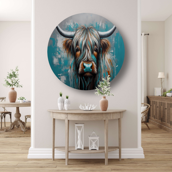Abstracte Turquoise Schotse Hooglander in Olieverf aluminium muurcirkel