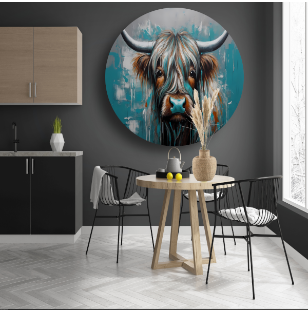 Abstracte Turquoise Schotse Hooglander in Olieverf aluminium muurcirkel