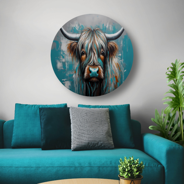 Abstracte Turquoise Schotse Hooglander in Olieverf aluminium muurcirkel