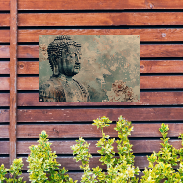 Serene Boeddha met bloemen in sepia tuinposter