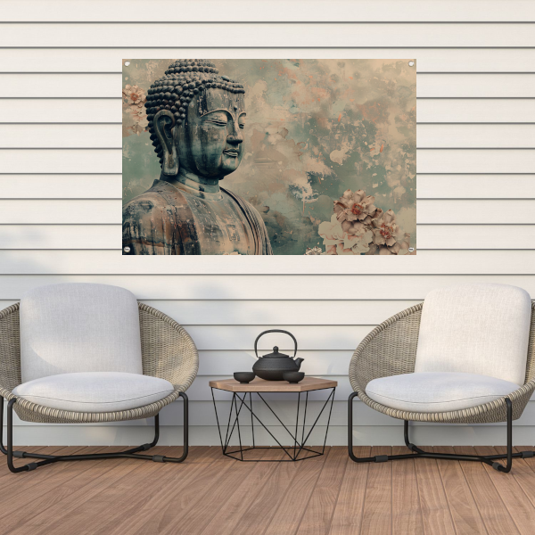 Serene Boeddha met bloemen in sepia tuinposter