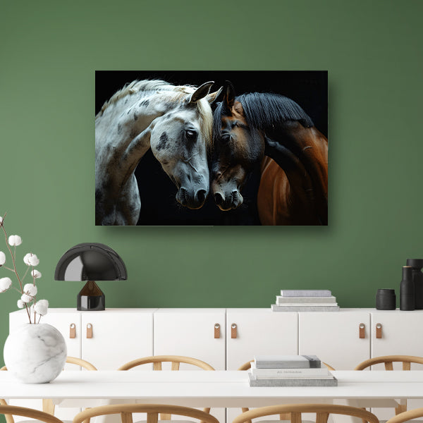 Twee paarden in een donkere omgeving poster