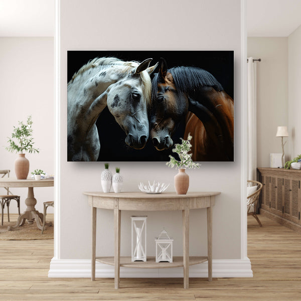 Twee paarden in een donkere omgeving poster