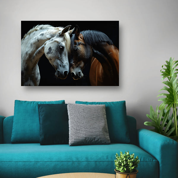 Twee paarden in een donkere omgeving poster