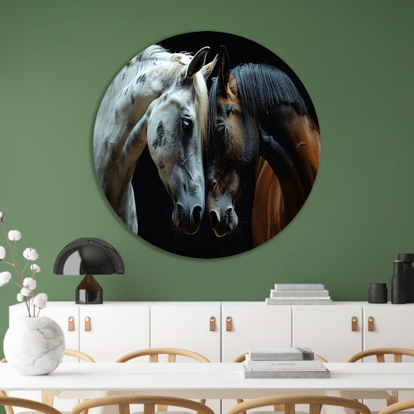 Twee paarden in een donkere omgeving forex muurcirkel