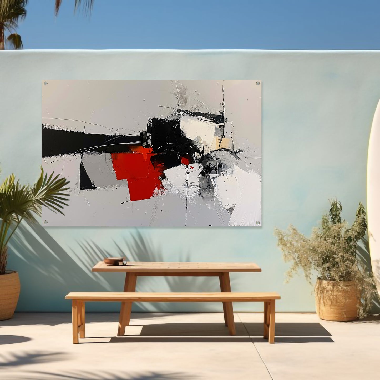 Abstracte skyline met dynamische vormen en kleuren tuinposter