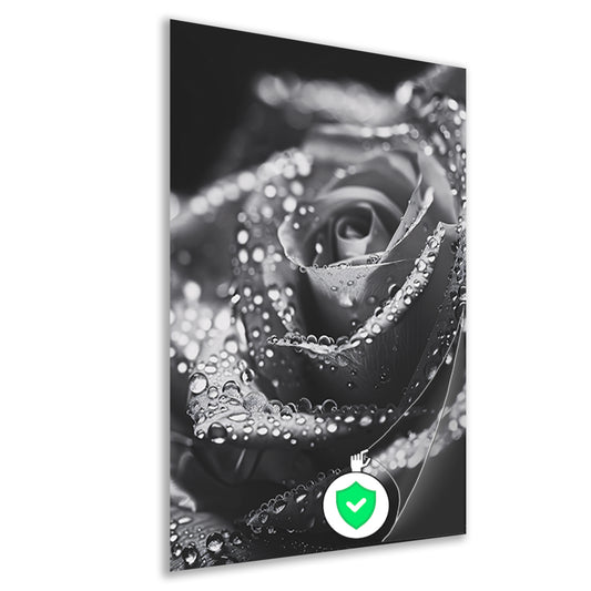 Zwart-witte roos met waterdruppels in close-up poster