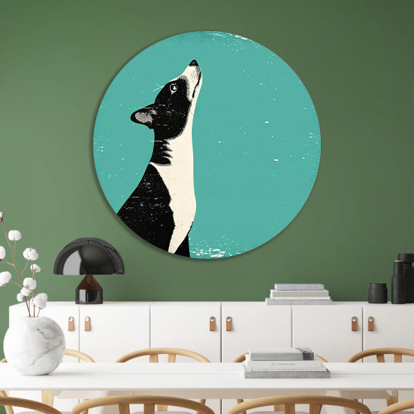 Minimalistische illustratie van een hond in kleur aluminium muurcirkel