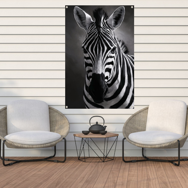 Zebra in Zwart-Wit Monochroom Portret tuinposter