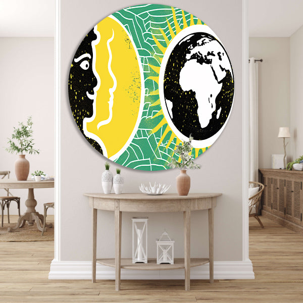 Geel portret naast aarde illustratie aluminium muurcirkel