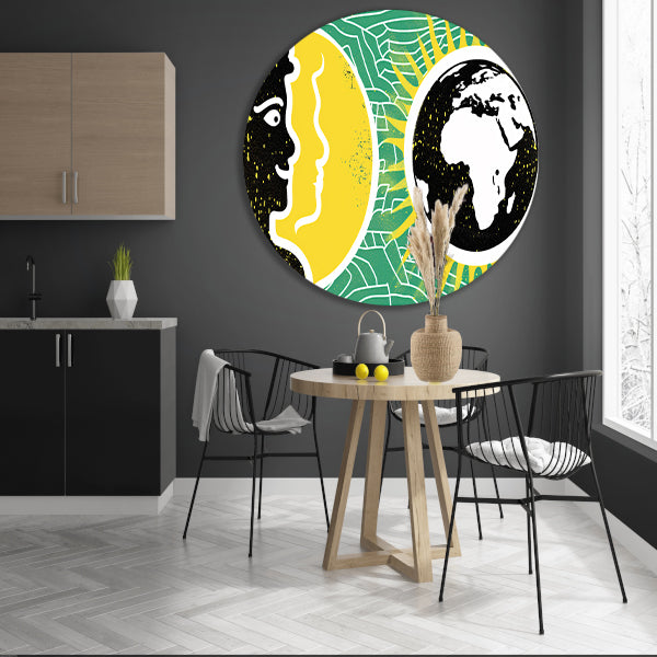 Geel portret naast aarde illustratie aluminium muurcirkel