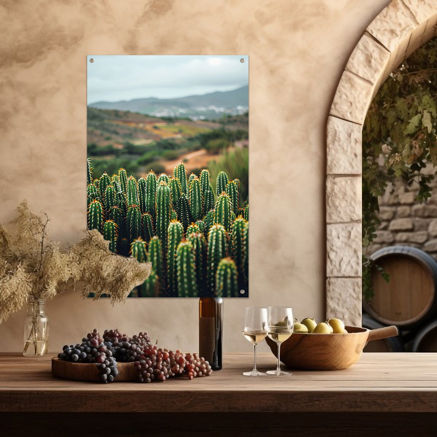 Cactussen in een berglandschap tuinposter