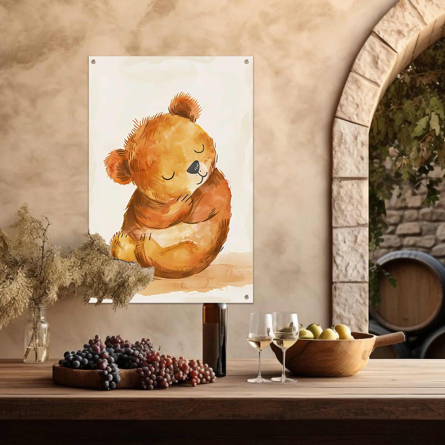 Aquarel schilderij van slapende beer tuinposter