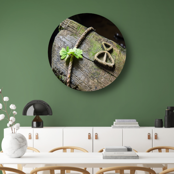 Plant groeit uit holle boomstam aluminium muurcirkel