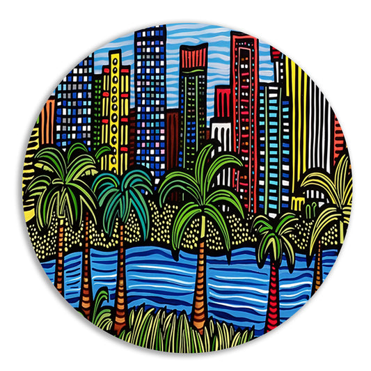 Kleurrijk stadsgezicht met palmbomen schilderij aluminium muurcirkel