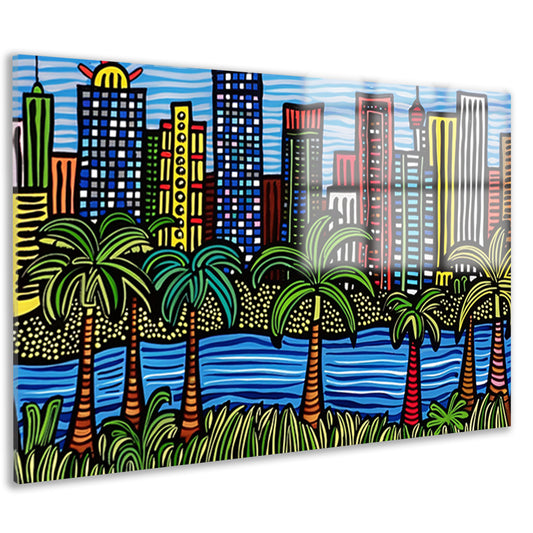 Kleurrijk stadsgezicht met palmbomen schilderij acrylglas