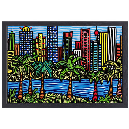 Kleurrijk stadsgezicht met palmbomen schilderij canvas met baklijst