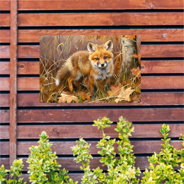 Schattige jonge vos in herfstbos tuinposter