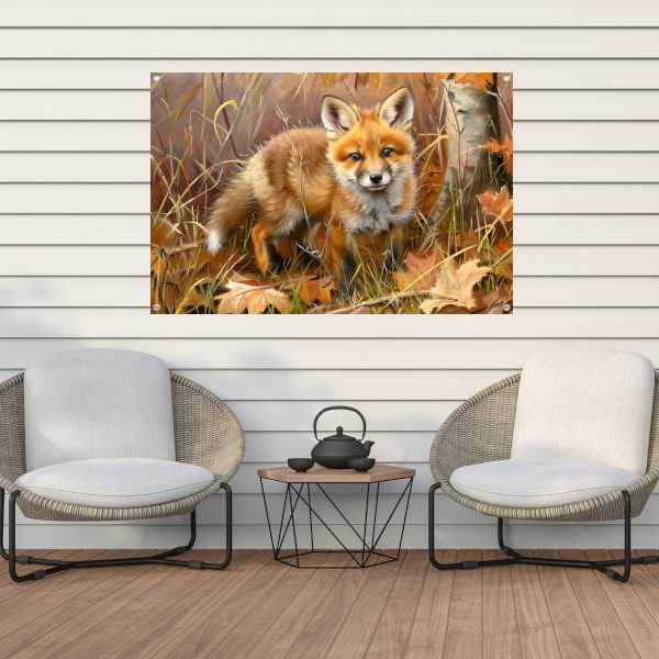 Schattige jonge vos in herfstbos tuinposter